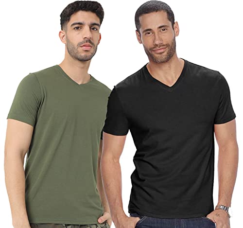 ADRO Men's V Neck Combo Plain Cotton T-Shirts_VCM2-PLN-BL-OL-XL Black, Olive