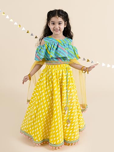 Pspeaches GirlS Yellow Turquoise Blue Printed Cotton Readymade Lehenga And Choli Set (Yellow-7-8Y)