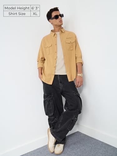The Souled Store Cotton Linen: Chasing Sunset Men and Boys Long Sleeves Collared Neck Button Front Beige Embroidered Regular Fit