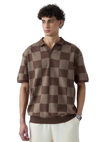 The Souled Store Jacquard: Old School Brown Men and Boys Short Sleeves Collared Neck Cotton Oversized Polos