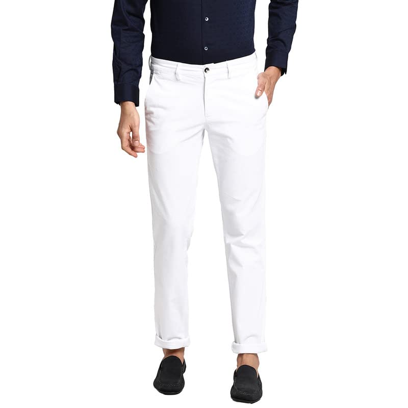 Turtle Men Cotton Stretch White Self Desing Ultra Slim Fit Trousers