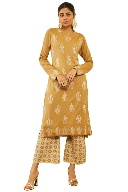 Soch Womens Beige Acrylic Leaf and Geometric Pattern Knitted Winter Kurta Set