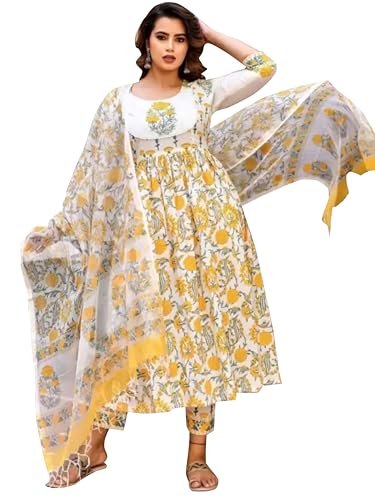 Fashion Basket Women's Cotton Printed White & Yellow Anarkali Kurta with Dupatta