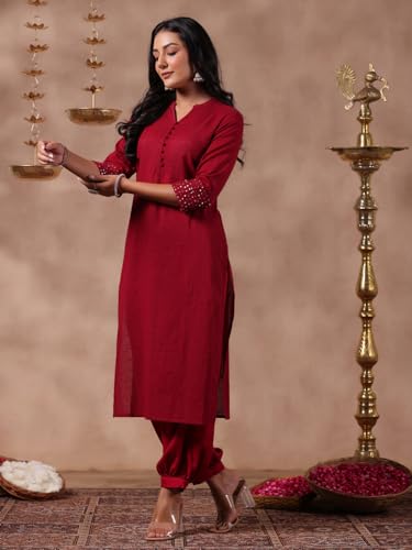 anubhutee Women's Maroon Solid Mandarin Collar Pure Cotton Straight Kurta