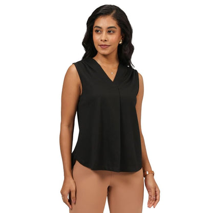 BlissClub Cotton Pro Sleeveless Work Top | Shoulder Pleats | V-Neck Design | Cotton-Poly-Modal Blend | Breathable Fabric | Moist