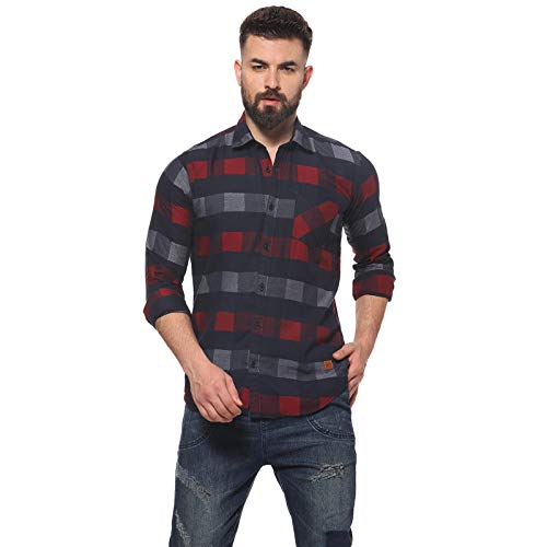 Campus Sutra Mens Navy Blue & Red Gun Club Check Shirt for Casual Wear | Spread Collar |Long Sleeve | Button Closure | Cotton S