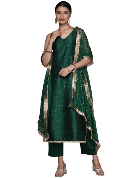 Varanga Women Green All Over Golden Buti, Sleeveless Straight Kurta Paired With Tonal Bottom And Dotted Dupatta With Four Sided