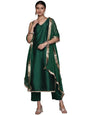Varanga Women Green All Over Golden Buti, Sleeveless Straight Kurta Paired With Tonal Bottom And Dotted Dupatta With Four Sided