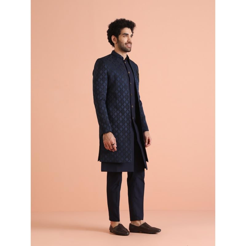Kisah Mens Jacket Sherwani Trouser Set|Silk Blend Fabric Jacquard Pattern Indo-Western Sherwani Set For Men|Regular Fit Mandarin