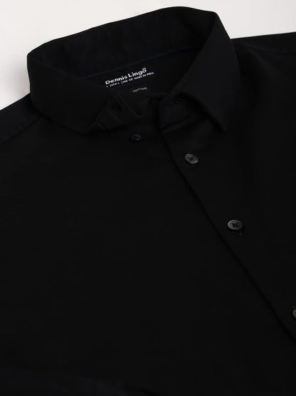 Dennis Lingo MenS Solid Black Slim Fit Satin Lycra Casual Shirt With Concealed Button Down & Full Sleeves