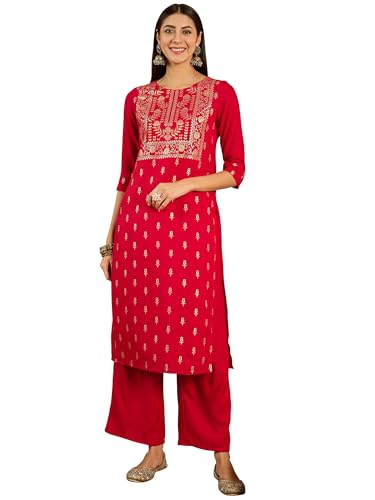 ZIYAA Women's Red Rayon Kurta and Palazzo Set (ZIKURY2868ANDPL-RL5)