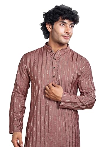 Vardha MenS Viscose Woven Jacquard Stitched Kurta, Pink Linear Striped & Diamond Jacquard Kurtas For Men, Mandarin Collar, Anti