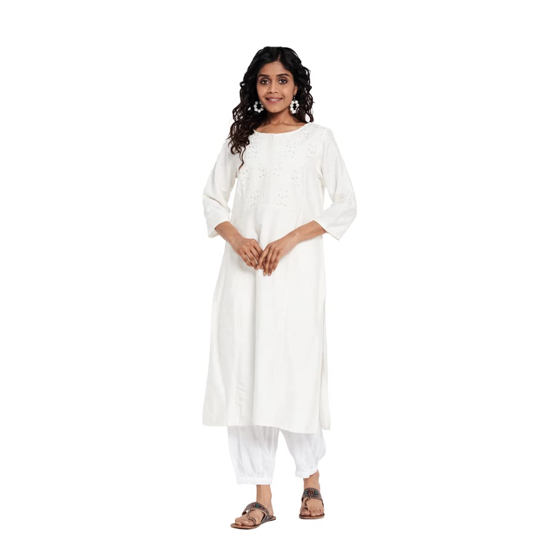 Fabindia Women Tussar Slim Fit Long Kurta Viscose_M Off White
