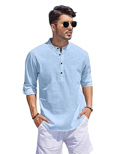 Hemadhav MenS Regular Fit Cotton Blend Casual Kurta Sky Blue