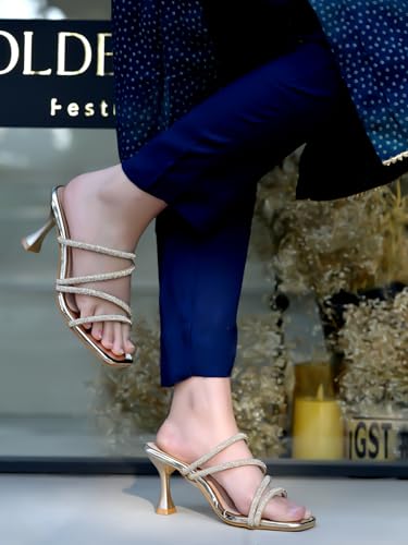 Shoetopia Golden Embellished Heels for Women & Girls, Size 6 UK, Model Fancy-1256