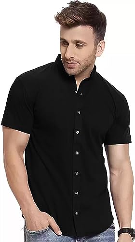 EYEBOGLER Mens Cotton Blend Henley Neck Half Sleeve Solid Button Style Tshirt Black