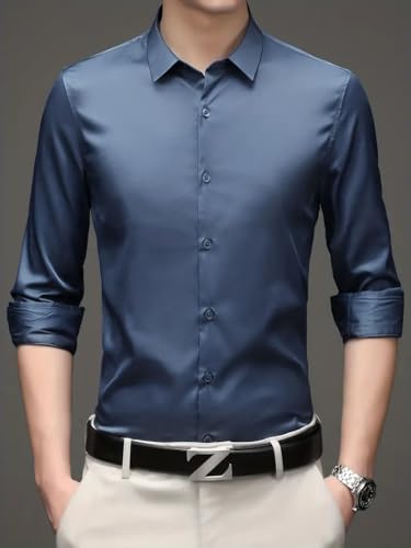 Indoprimo MenS Premium Solid Satin Casual Party Shirt Full Sleeve Navy