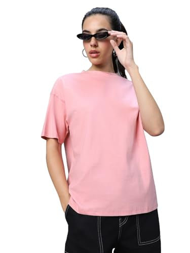 Bewakoof Womens Solid Oversized Half Sleeve Round Neck Cotton T-Shirt_538101_Pink_L