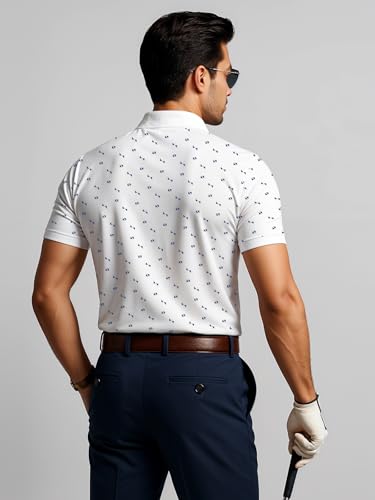 Mens Cotton Printed Polo Tshirt | 220 GSM Interlock Fabric | Slim Fit | Skin-Friendly Ink | White Golf-Inspired Pattern T Shirt