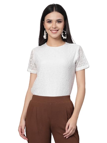 Style Quotient Women White Self Design Cotton Lace Regular Smart Casual Top