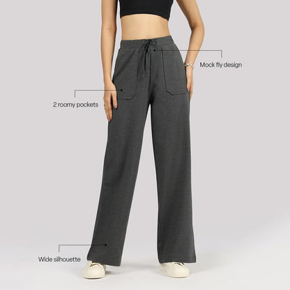 BlissClub Work-to-Wine Twill Drawstring Pants | Wide Silhouette | 2 Roomy Pockets | Elasticated Waistband | Adjustable Drawcord