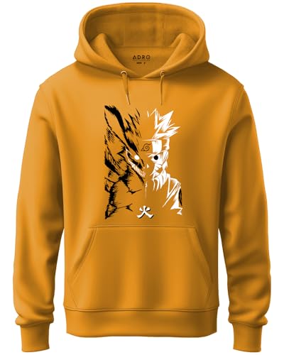 ADRO Mens Hoodies with Naruto Uzumaki Anime Printed, 100% Cotton 340GSM Warm & Soft Fabric. (H23-M-NRR-MU_Mustard_XL)