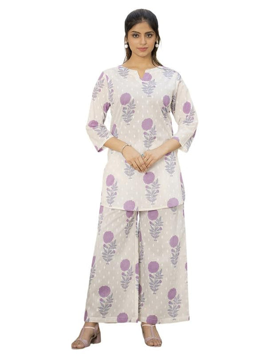 Pinkmint Womens Pure Cotton Co Ord Set l Flower Printed Co Ord Set l Stylish Pocket & 3/4 Sleeve Women Co-ord Set White