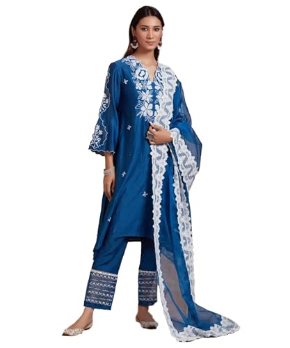 LookMark Women's Solid Regular Silk Blend Kurta Pant with Organza Dupatta and Embroidery Work Suitable for Every Indian Occasion