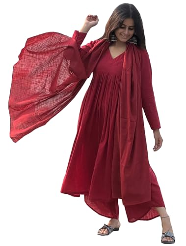 Anni Designer WomenS Rayon Viscose A-Line Solid Kurta With Palazzo & Dupatta (Nibar Red-Vks01_Xxl_Red_Xx-Large)