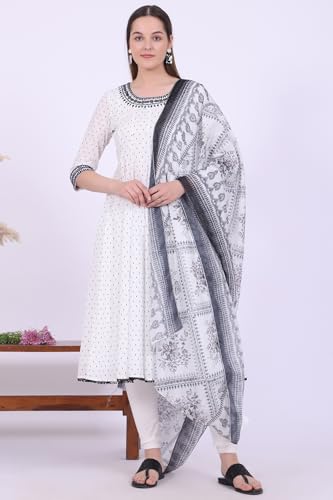 Aurelia Women's White Yarn Dyed Pure Cotton Anarkali with Leggings & Dupatta Set