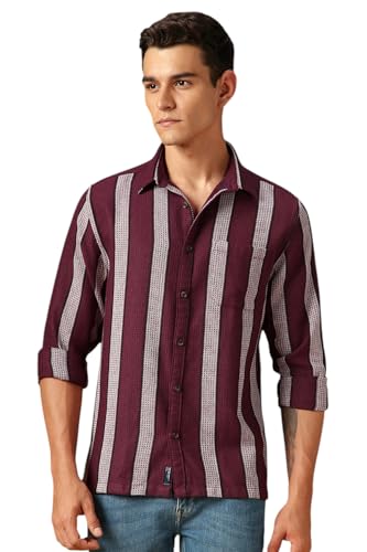 Dennis Lingo Men Stripes Cotton Poly Relaxed Fit Full Sleeves Shirt Maroon