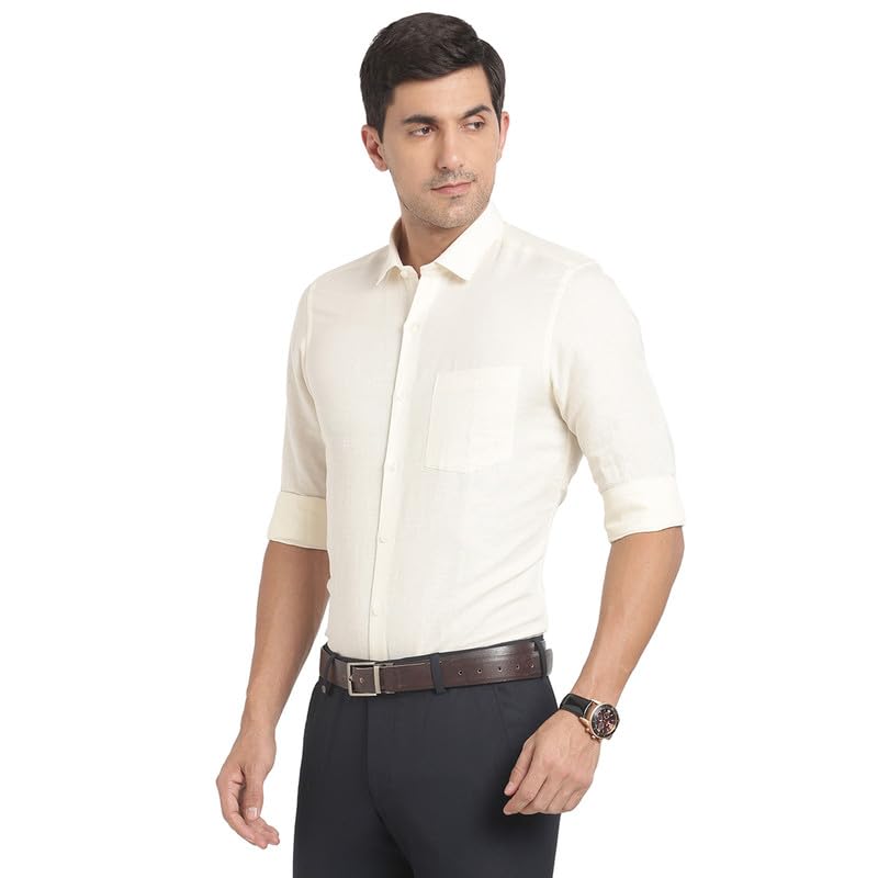 Turtle Men Cotton Linen Cream Printed Slim Fit Formal Shirts