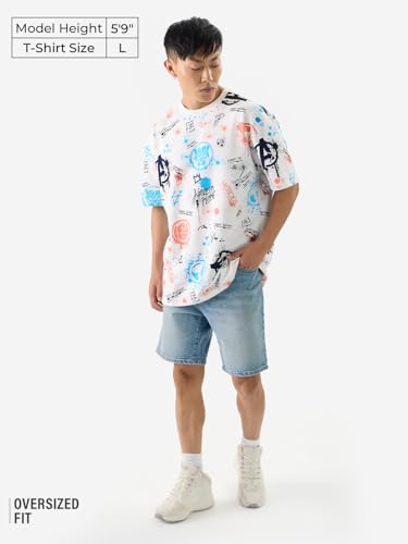 The Souled Store Official Marvel: Creative Chaos Men And Boys Short Sleeves Round Neck Multicolor All Over Printed Cotton Oversi