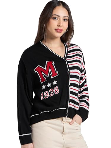 Bewakoof Official Disney Merchandise Mickey Mouse WomenS Striped Oversized Fit Full Sleeve V-Neck Acrylic Sweater_680284_Black_M