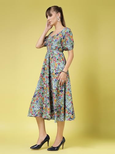 OOMPH! Womens Western & Fusion wear Printed Crepe Dress for Women, Puffed Sleeve, Grey - md992
