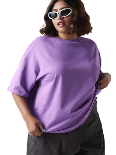 Bewakoof Heavy Duty 1.0 Womens Solid Oversized Fit Half Sleeve Round Neck Terry Plus Size T-Shirt_646620_Purple_4XL