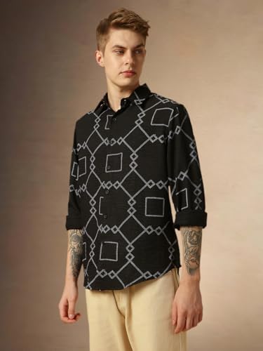 Dennis Lingo Men Black Geometric Print Relaxed Fit Full Sleeve Spread Collar Shirts