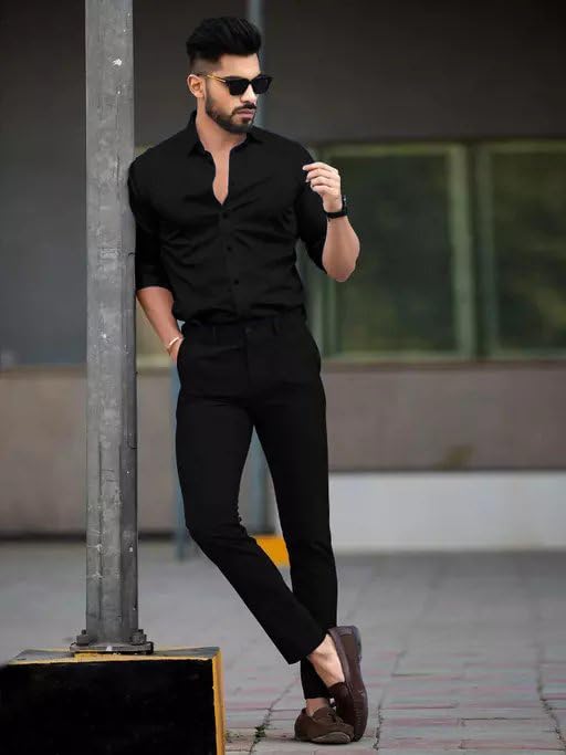 Tee Projekt Shirt for Men Cotton Plain Spread Collar Casual Shirt Parfect for ormal Wear, Home Wear, Office Wear Black