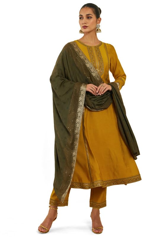 Soch Womens Mustard Chanderi Suit Set With Embroidery And Sequins