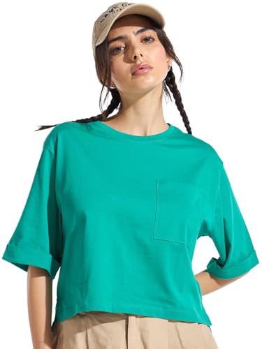 Bewakoof Womens Solid Oversized Fit Half Sleeve Round Neck Cotton Crop_637360_Green_S