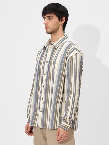 The Souled Store Stripes: Cream, Blue Men And Boys Long Sleeves Collared Neck Button Front Regular Fit Textured Shirts