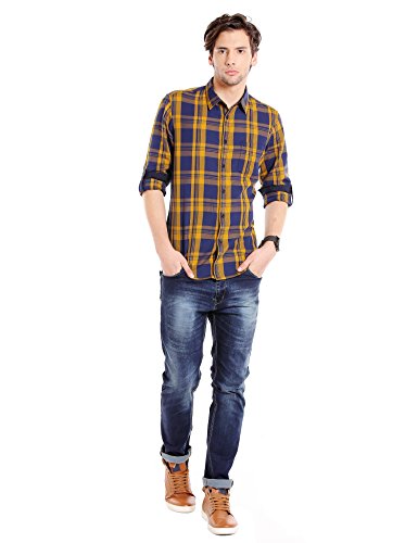 Dennis Lingo MenS Cotton Mustard Checkered Slim Fit Full Sleeves Spread Collar Casual Shirt
