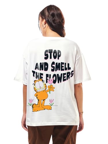 Bewakoof Official Garfield Merchandise Womens Graphic Print Oversized Fit Half Sleeve Round Neck Cotton Jersey T-Shirt_666792_W