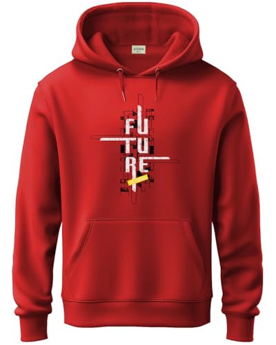 ADRO Men's Cotton Blend Neck Hooded Sweatshirt (H24-FTR-RD_Red