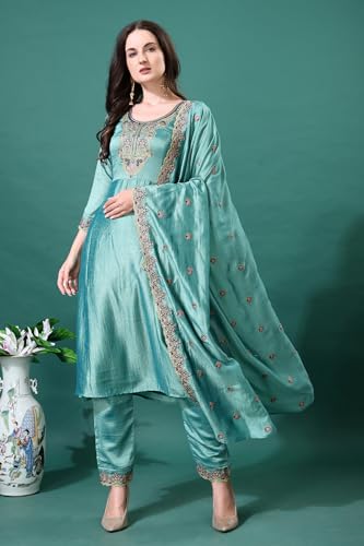 Pratham Blue WomenS Silk Embroidered Straight Kurta Palazzos With Dupatta |Kurta Set For Women |Women Kurta |Women Embroidered