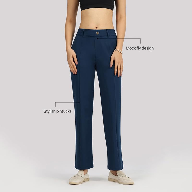 BlissClub Ultimate Straight Tailored Trosuers | CloudSoftTM | Gold Button | Belt Loops | Stylish Pintucks | Mock Fly | 2 Pockets