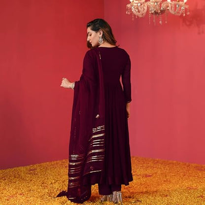 GoSriKi Women's Anarkali Kurta Set with Pants & Dupatta, Medium, Wine, Model JAYNTI RED-GS