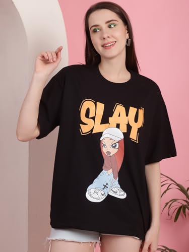 Preneum Womens Cotton Graphic Latest Printed Baggy Fit Drop-Shoulder Sleeves Cotton Oversized T-Shirt || Round Neck || Half Sle