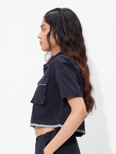 The Souled Store Solids: Classic Navy Short Sleeve Round Neck Slim Fit Cropped Tops for Women and Girls - Trendy Statement Piece