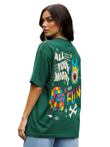 Veirdo Womens 100% Cotton Drop Shoulder Round Neck Oversized Loose Fit Typographic Short Sleeve T-Shirt